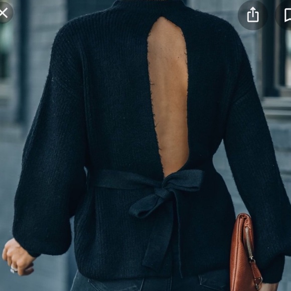 Vici Open Back Tie Waist Balloon Sleeve Black Sweater - Picture 2 of 9